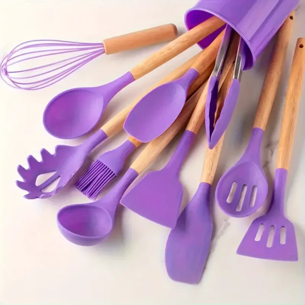 12pcs, Non-Stick Silicone Kitchen Utensil Set With Wooden Handles